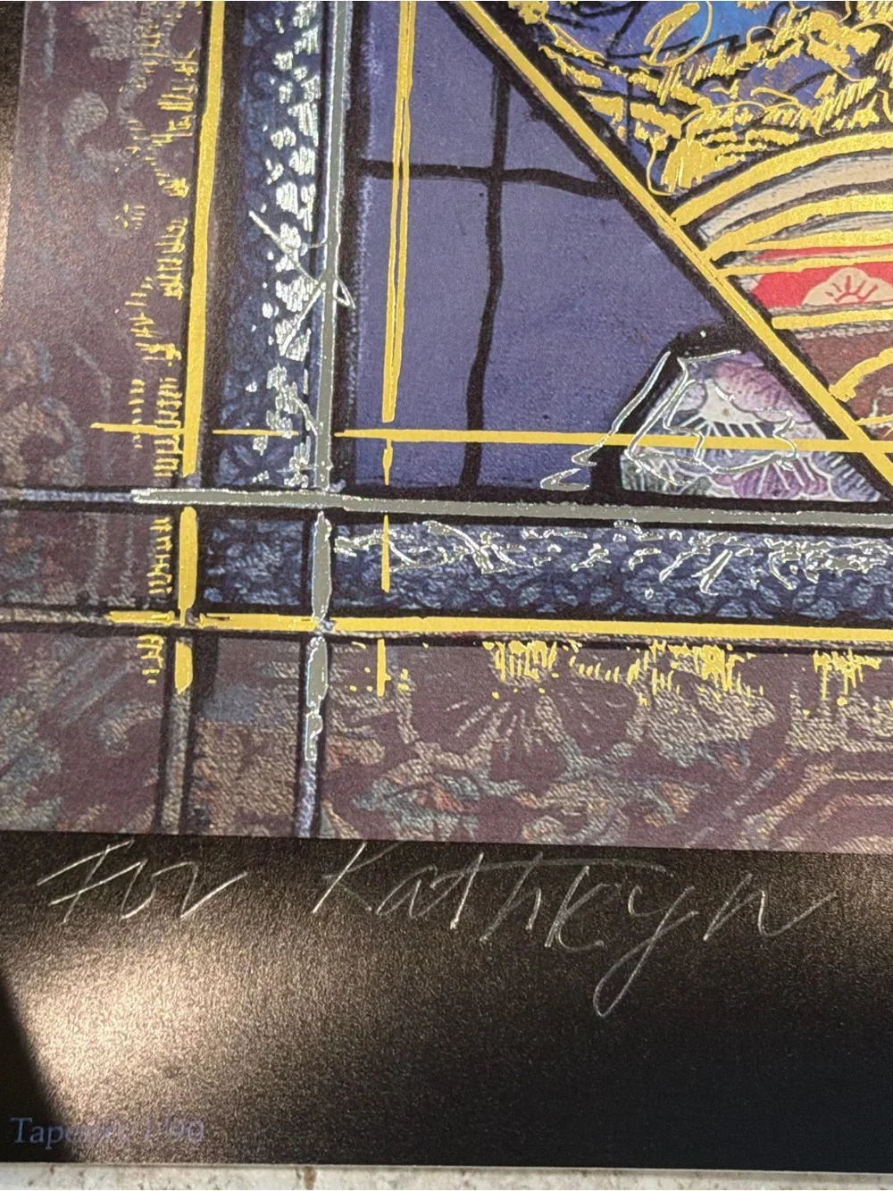 William Gatewood lithograph kimono signed Black and Gold Abstract